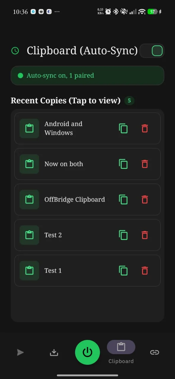 OffBridge on Android — Clipboard tab with auto-sync on and recent copies