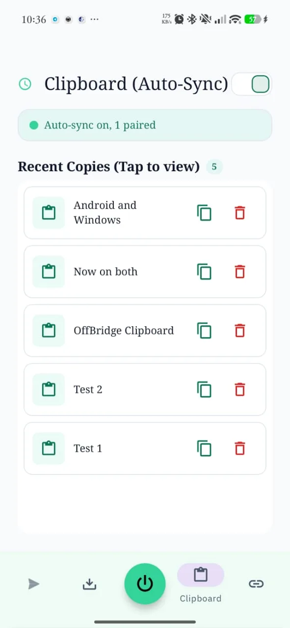 OffBridge on Android — Clipboard tab with auto-sync on and recent copies