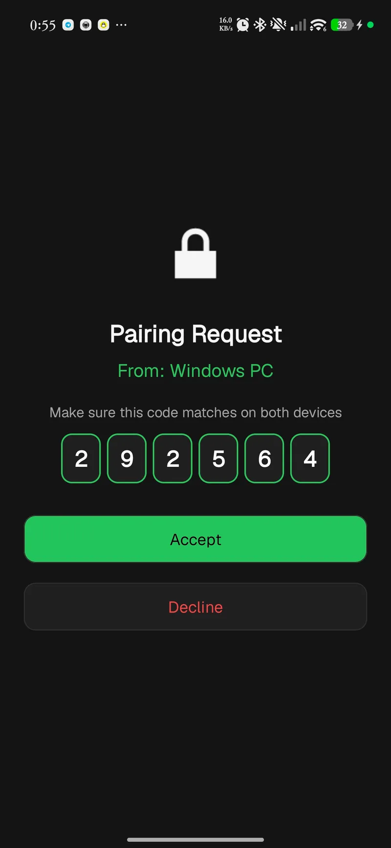 Android pairing request showing a 6-digit code to verify on both devices, with Accept and Decline