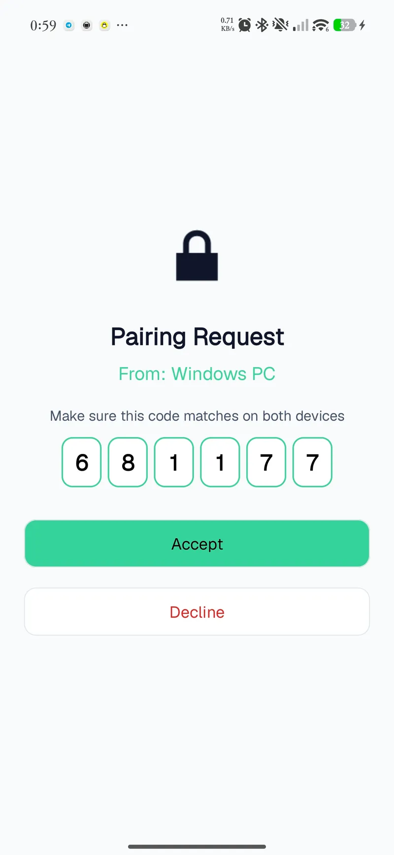 Android pairing request showing a 6-digit code to verify on both devices, with Accept and Decline