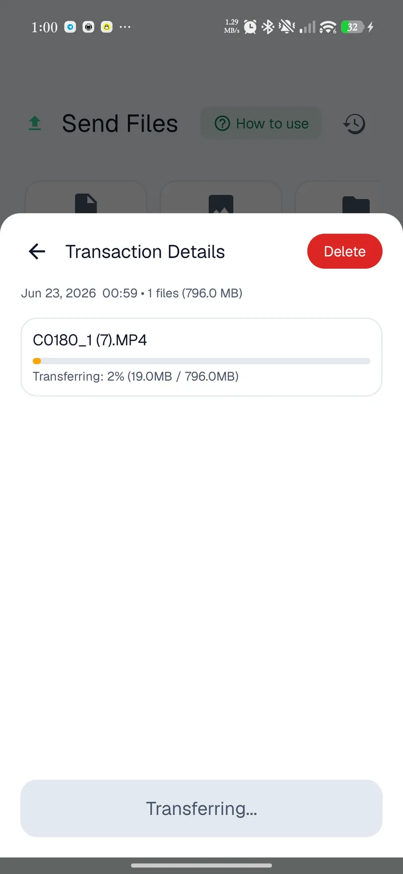 Android transfer in progress showing percentage and size transferred