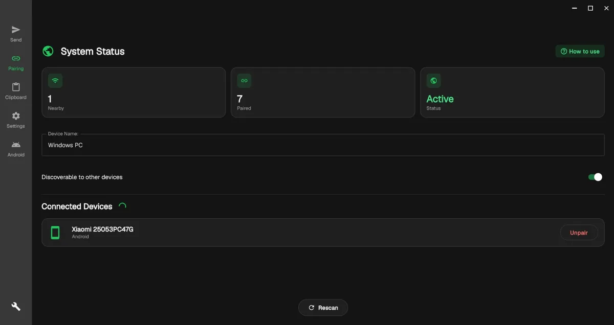 OffBridge on Windows — System Status showing paired devices