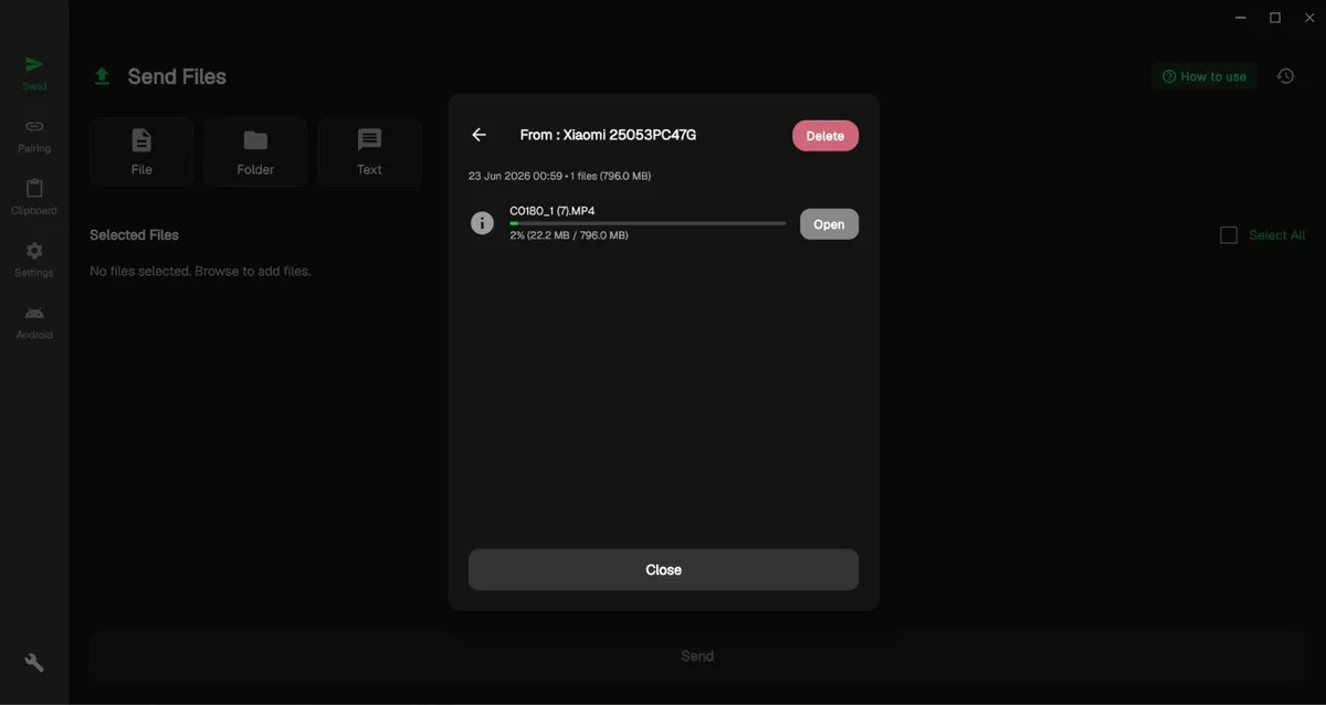 OffBridge on Windows — Send Files with a transfer in progress