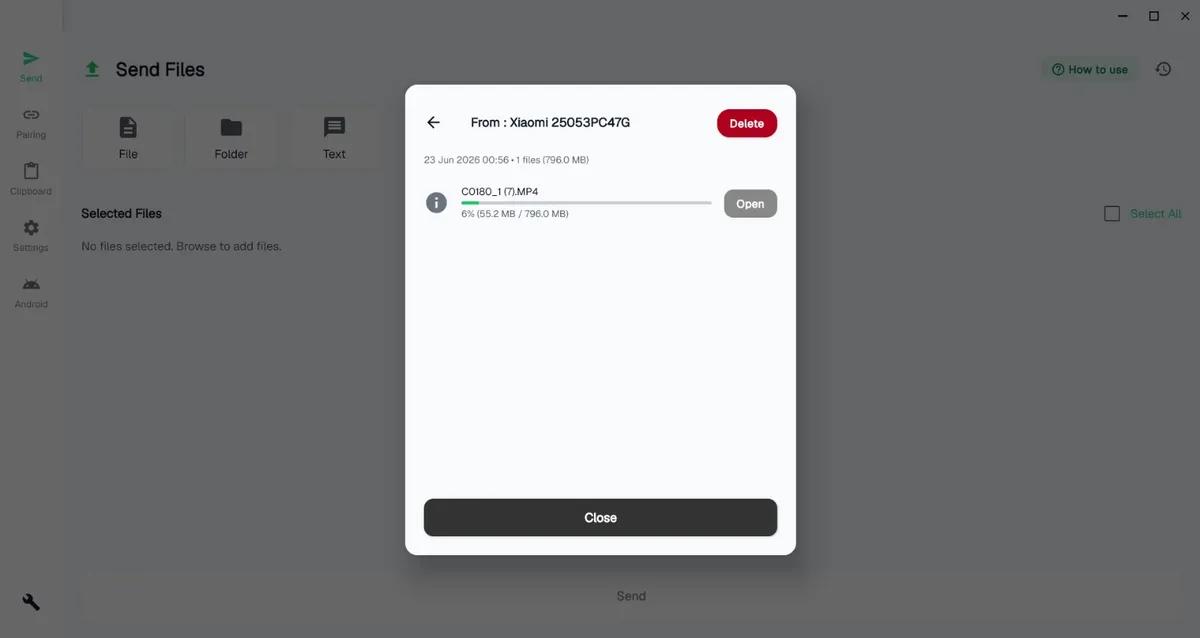 OffBridge on Windows — Send Files with a transfer in progress